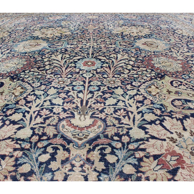 Navy Blue Navy Blue Antique Persian Fine Tabriz Rug With All-Over Large Scale Flowers For Sale - Image 8 of 12