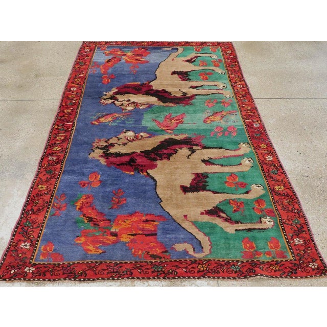 Textile Galerie Shabab Collection Mid-20th Century Handmade Caucasian Karabagh Pictorial Lion Accent Rug For Sale - Image 7 of 9