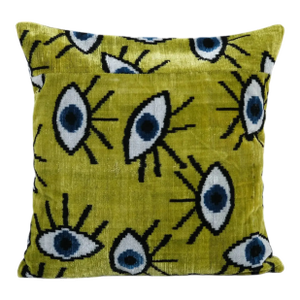 Silk Ikat Eye Velvet Pillow Cover - Handloom Chartreuse Green Velvet Lumbar Pillow Cover - Uzbek Cushion Cover 20'' X 20''