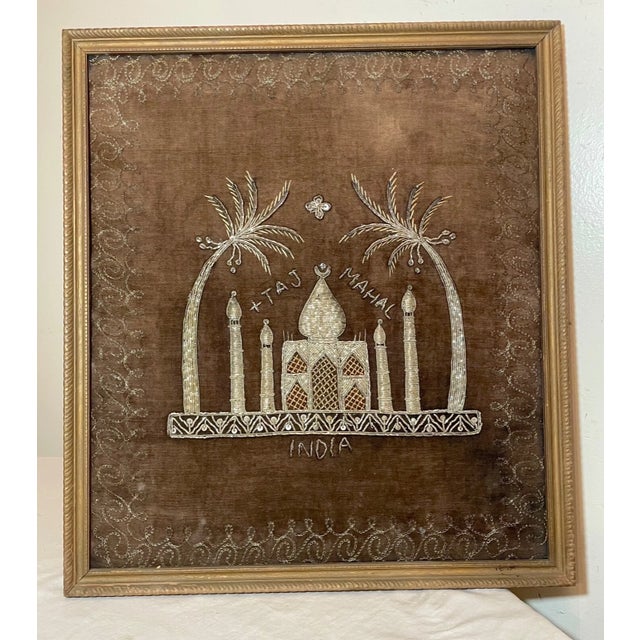 Antique 19th Century Hand Embroidered Velour Taj Mahal Indian Needlepoint Art For Sale - Image 4 of 13