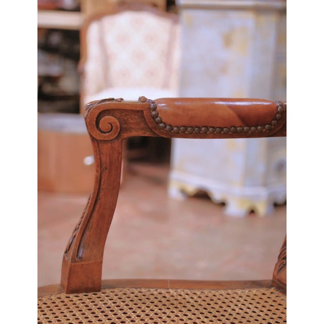 Tan Pair Mid-Century French Louis XV Style Walnut Caned and Leather Desk Armchairs For Sale - Image 8 of 13