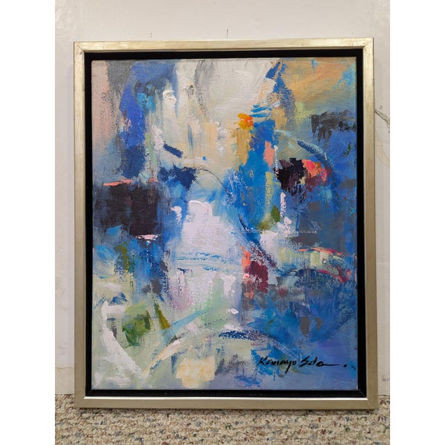 Abstract 18in X 22in Modern Contemporary Framed Blue Abstract on Canvas. For Sale - Image 3 of 4