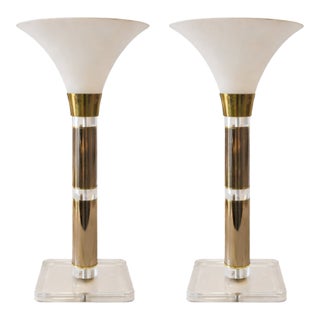 Late 20th Century Art Deco Style Brass & Lucite Table Lamps – Set of 2 | 27” H For Sale