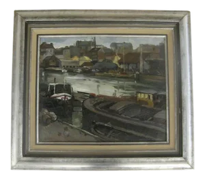 1940s Harbor Scene Oil Painting on Canvas by Pierre Valade, Framed