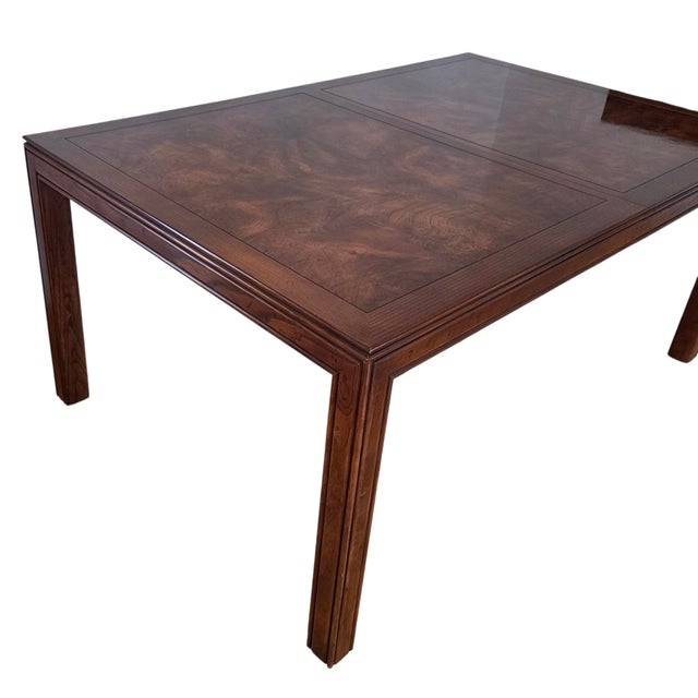 Campaign 1980s Henredon Scene One Campaign Oak Burlwood Dining Room Parson Table Extension For Sale - Image 3 of 18