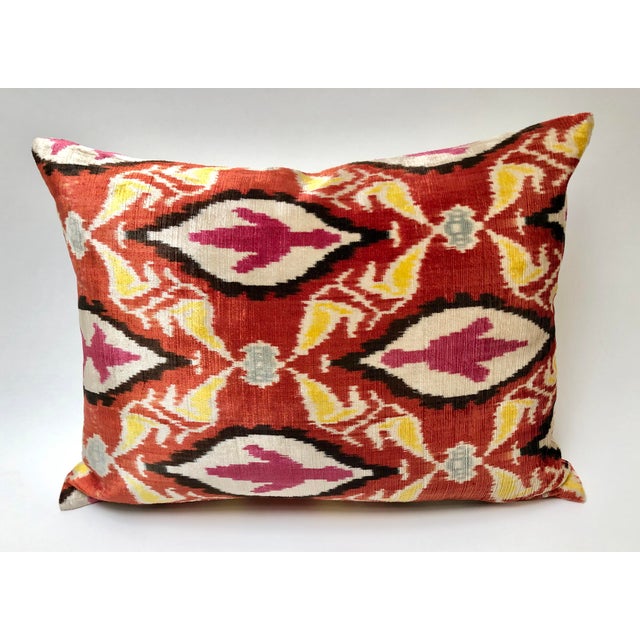 Mediterranean Magenta Gold Rust Silk Velvet Ikat Pillow For Sale - Image 3 of 3