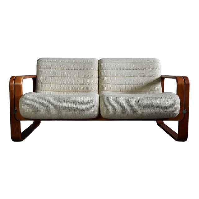 Mid-Century Modern Ecru and Wooden Frame 2-Seater Sofa attributed to Giroflex, 1970s For Sale