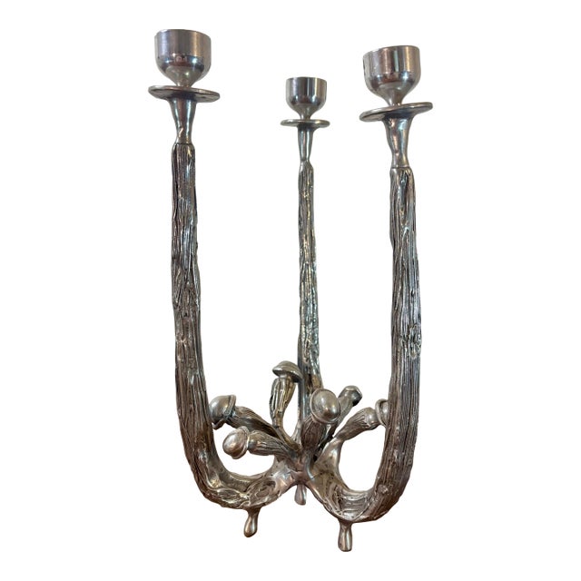 Vintage Castor Cooper Signed Pewter Brutalist Three Light Candelabra For Sale