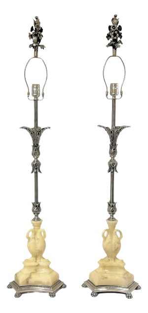 Neoclassical Silvered Metal and Composition Table Lamps - A Pair