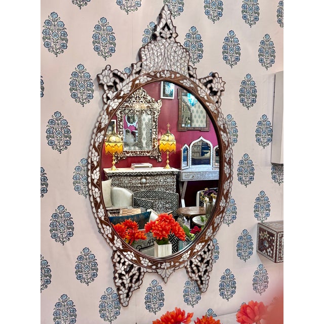 Oval Mother of Pearl Inlaid Ornate Mirror For Sale - Image 4 of 8