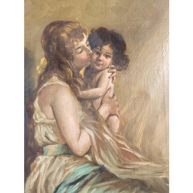 Textile 19th Century English or French School Mother and Daughter Portrait Painting For Sale - Image 7 of 16