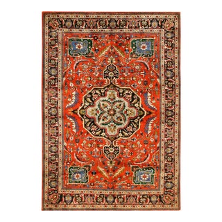 1940s Small Mid Century Red Rust Medallion Tabriz Handknotted Silk Carpet Rug For Sale