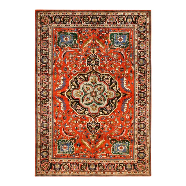 1940s Small Mid Century Red Rust Medallion Tabriz Handknotted Silk Carpet Rug For Sale