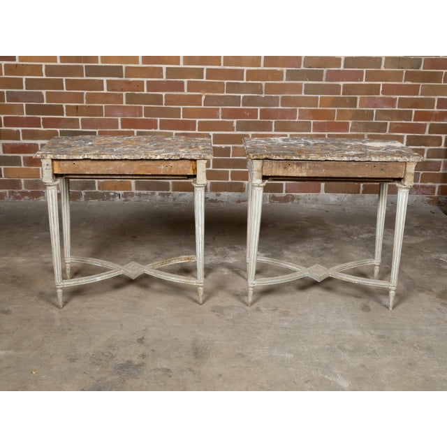 Wood Pair of French Louis XVI 18th Century Painted Console Tables with Marble Tops For Sale - Image 7 of 12