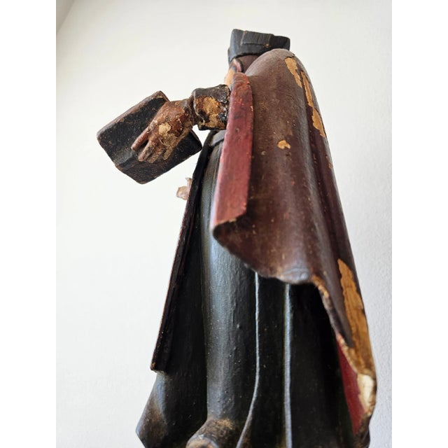 Brown Large Antique Spanish Colonial Carved Polychrome Wood Santo Altar Sculpture For Sale - Image 8 of 12