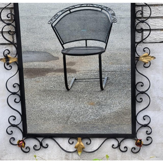 Metal Vintage 1930s American Handmade Wrought Iron Wall Mirror Hand Painted Floral Dec For Sale - Image 7 of 18