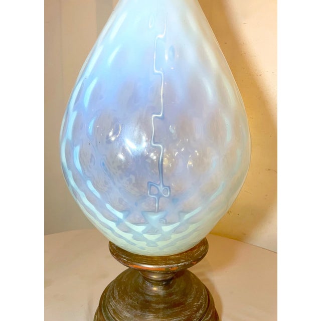 1960s Gigantic Hand Blown Italian Murano Opalescent Lattice Opal Glass Table Lamp Wood For Sale - Image 10 of 15
