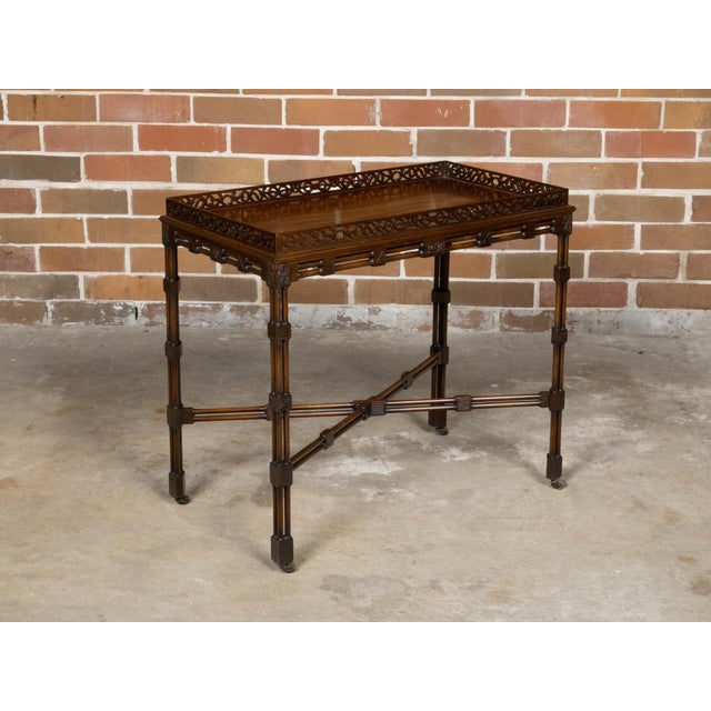English 19th Century Mahogany Faux Bamboo Side Table with Carved Tray Top For Sale - Image 9 of 12
