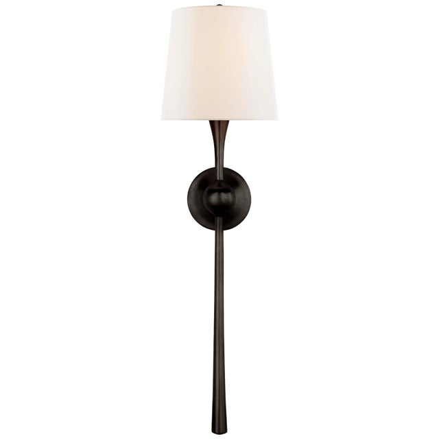 Dover Large Tail Sconce in Aged Iron with Linen Shade Designer: AERIN Height: 27" Extension: 6.5" Backplate: 4.25" Round...