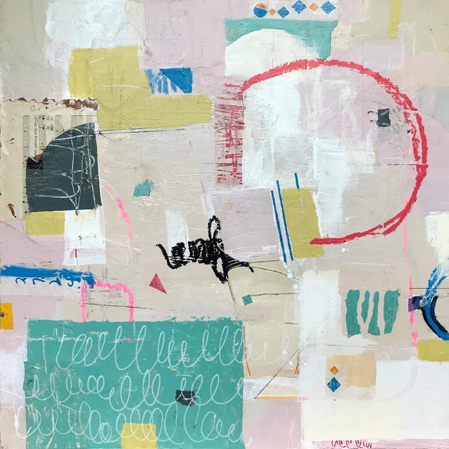 Abstract Christiane Corcelle "Entering With Alfred" Mixed Media on Board, Framed Abstract Collage Painting in Teal and Blush, 2022 For Sale - Image 3 of 6