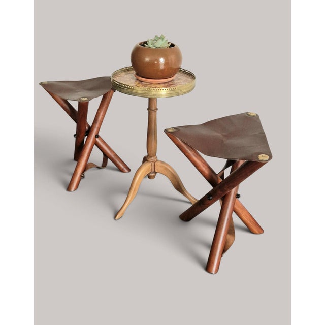 Wood Folding Stools in Teak and Brown Leather, 1970s, Set of 2 For Sale - Image 7 of 18
