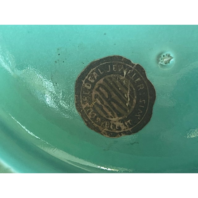 Ceramic Mid Century Aqua Blue Double Handle Candlestick With Original Store Label For Sale - Image 7 of 7