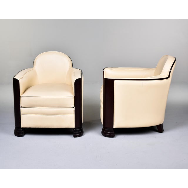 Art Deco French 1930s Art Deco Club Chairs in Cream Leather With Hardwood Frames - Pair For Sale - Image 3 of 12