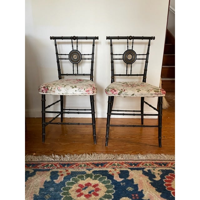 Pair of Vintage Faux Bamboo Style Hallway Chairs in Black With Gold