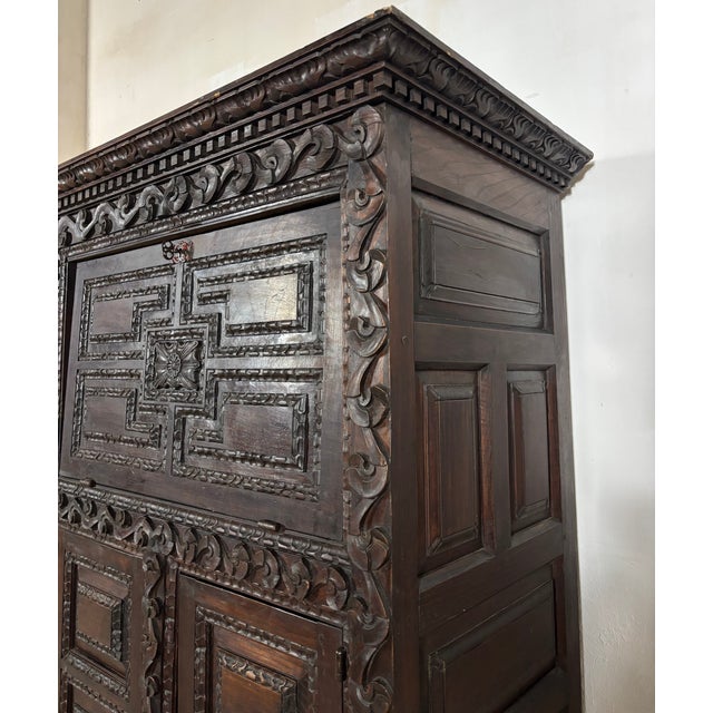 Antique Baroque Oak Fall-Front Cabinet with Deep Carved Decoration, 1880 For Sale - Image 15 of 18
