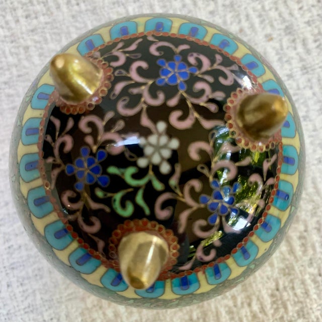 Metal Vintage Chinese Cloisonné Covered Jar or Incense Pot, Phoenix Motif, Hand-Enameled Brass For Sale - Image 7 of 9