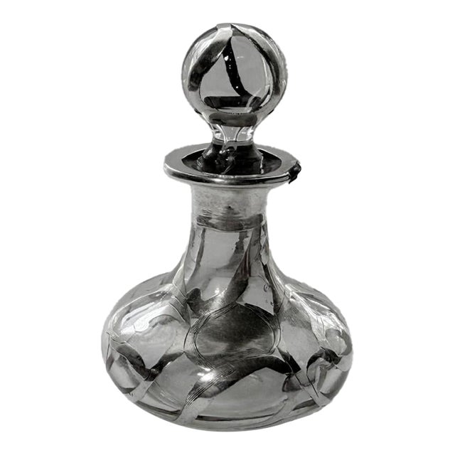 Antique Art Nouveau Silver Overlay Glass Perfume Bottle, C. 1899 Scent Bottle For Sale
