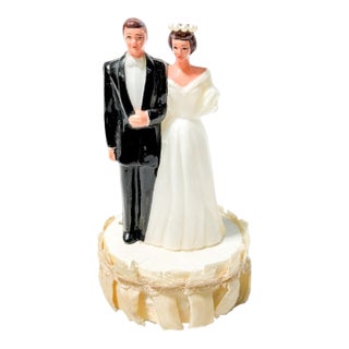 Vintage Mid Century 1950s 1960s Wedding Bride and Groom Figurine Cake Topper With Satin Base For Sale