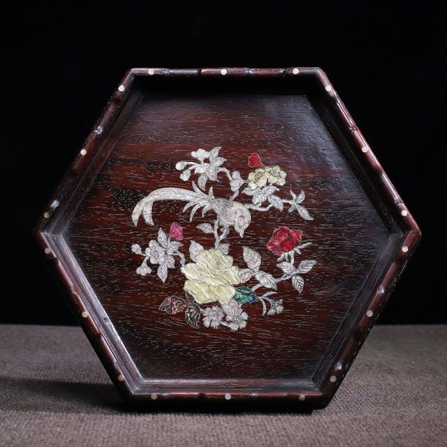 Wood Rosewood Hexagonal Tray Inlaid With Mother-of-Pearl For Sale - Image 7 of 10