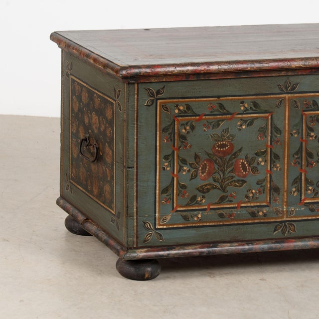 1836 Hungarian Original Hand-Painted Teal Flat Top Pine Trunk For Sale - Image 11 of 18