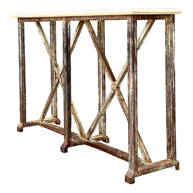 Vintage Patinated Metal and Stone Console Table For Sale