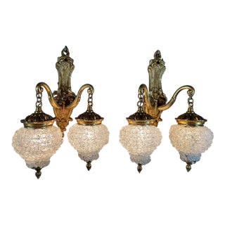 1980s French Louis XVI Gold Bronze Crystal Wall Lamps / Sconces - Pair For Sale