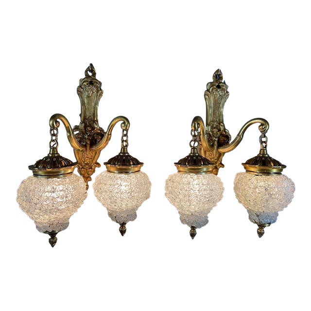 1980s French Louis XVI Gold Bronze Crystal Wall Lamps / Sconces - Pair For Sale