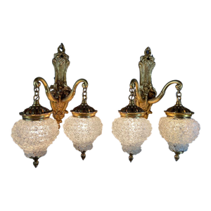 1980s French Louis XVI Gold Bronze Crystal Wall Lamps / Sconces - Pair