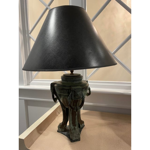French Late 20th Century Lang Levin Studios Antique Green Metal Urn Form Table Lamp Set With Shades - a Pair For Sale - Image 3 of 7
