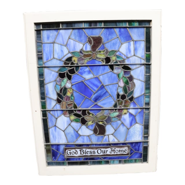 Victorian Stained Window Glass- "God Bless Our Home" For Sale