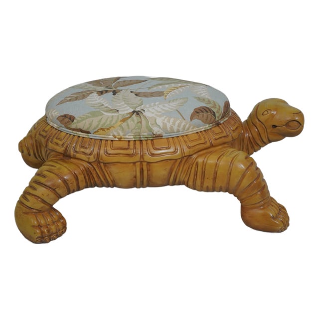 Custom Heavy Wood Turtle Ottoman Footstool W. Upholstered Seat For Sale