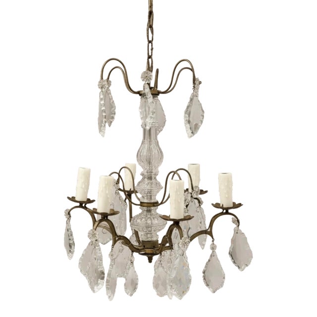 Antique French Louis XV Style Crystal & Bronze 6 Arm Chandelier For Sale