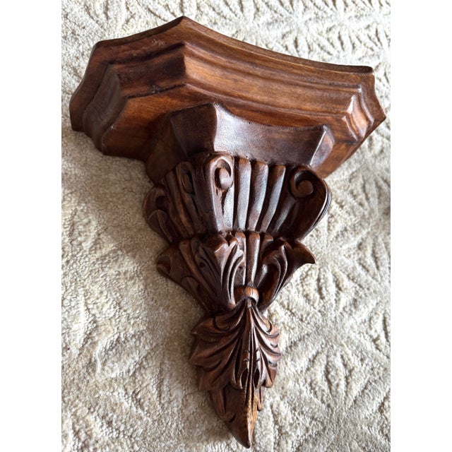 Vintage Solid Wood Carved Corbel Shelf Pair Scroll Acanthus Wall Brackets We For Sale - Image 4 of 8