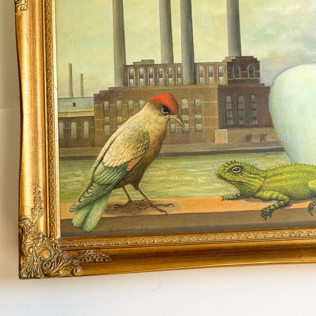 Mid-Century Modern Late 20th Century Jan Rithamer Surrealist Painting of Classical Figure With Flute, Bird & Lizard in Gilt Frame For Sale - Image 3 of 8