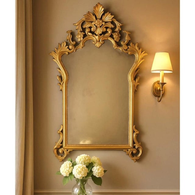 Golden mirror from the first half of the 20th century, in Rococo style A refined period mirror, characterized by a rich...