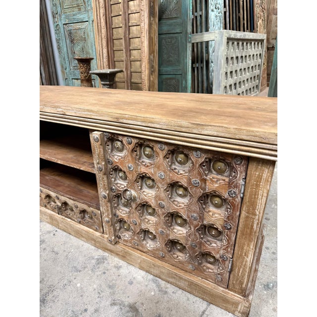 Vintage Hand-Carved Solid Wood Sideboard | Rustic Buffet Credenza Tv Console For Sale - Image 4 of 8