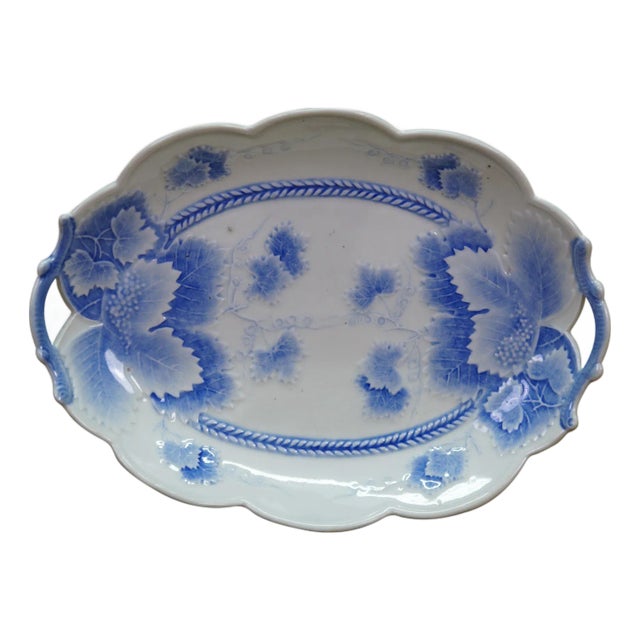 Antique Blue & White Scalloped Maple Leaf Serving Tray Platter Dish For Sale