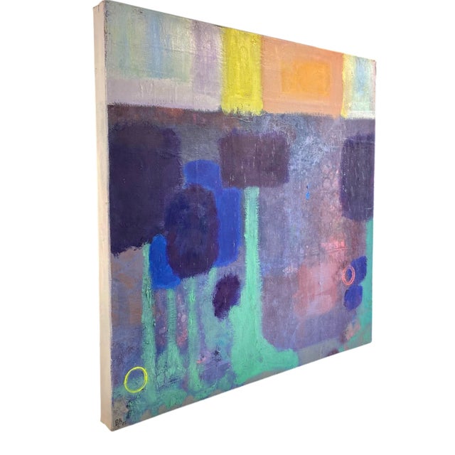 An abstract modern oil painting on stretched canvas depicting a landscape with trees and sun and sky. The edges of the...