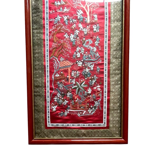 Vintage Asian Oriental Embroidered Red Silk Tapestry Wall Art. Framed. 14x26” For Sale - Image 4 of 5
