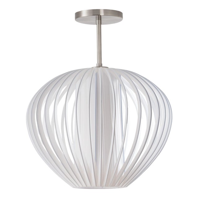 Bloom 14 Inch Semi-Flush Mount Ceiling Light by Nova of California - Sphere White Satin Shade With White Slatted Cage Globe - Bubble Orb Lantern For Sale